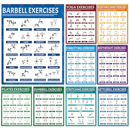 9Pcs Exercise Poster Set Workout Chart Posters Dumbbell Kettlebell Yoga Stretching Pilates Resistance Bands Stability Ball Body Weight Dumbbell Physical Educational Fitness Decoration for Home Gym