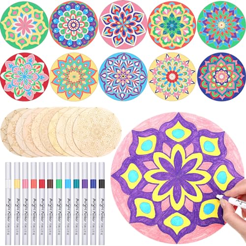 Vercraft 22 Pcs Wooden Mandala Painting Set 10 Mandala Unfinished Wood Cutouts with 12 Markers for Crafts Diwali Craft Wood Slices for Adults Painting DIY Tags Wedding Home Decors(Stylish Style) - color: Stylish Style