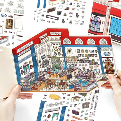 4PCS Foldable 3D Sticker Scene Book for Adults & Teens, DIY Isometric House Scenes, Large Build-Your-Own Room Sticker Set, Relaxing Sticker Therapy Art Kit - style: Rome Hotel