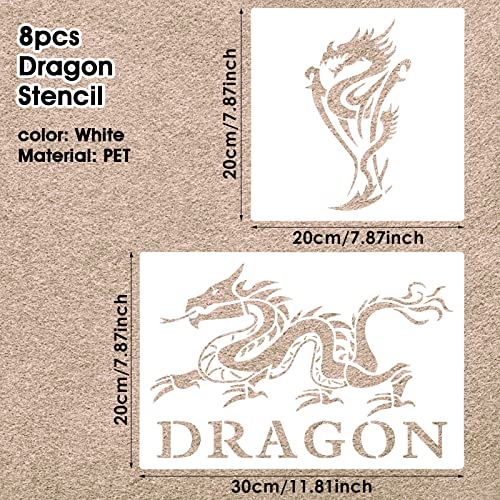 8 Pcs Dragon Stencils Airbrush Stencils Tattoo Stencil Paint Stencils Reusable Plastic Dragon Stencil for Painting on Wood Furniture Wall DIY Crafts Drawing Decoration