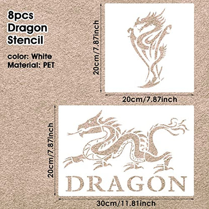 8 Pcs Dragon Stencils Airbrush Stencils Tattoo Stencil Paint Stencils Reusable Plastic Dragon Stencil for Painting on Wood Furniture Wall DIY Crafts Drawing Decoration