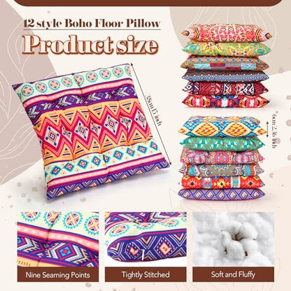 Nuogo 12 Pcs Bohemian Floor Cushions Bulk 15 Inch Boho Floor Sitting Meditation Pillows Yoga Mandala Meditation Pouf for Living Room Balcony Office Tatami(Square) - color: Square