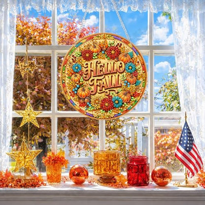 Eiflow Acrylic Diamond Art Hanging Kit for Adults, DIY Diamonds Painting Door Hanger Board Kit, Special Crystal Diamond Art Painting Pendant Ornament (Hello Fall) - color: Hello Fall