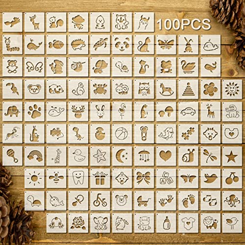 Fainne 100 Pcs 2 Inch Baby Block Stencils Small Stencils for Painting | Reusable Craft Stencils, DIY Scrapbook, Wood Wall Fabric Rock Chalkboard Sign Painting, Home Art Decor Projects - style: Cute Baby Animal Style