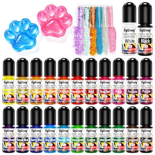 Epoxy Resin Pigment - 24 Colors Liquid Translucent Dye, Highly Concentrated for DIY Jewelry Making, Paint, Craft - 6ml Each, with 6 Colors Resin Glitter - color: 24 Colors-6ml