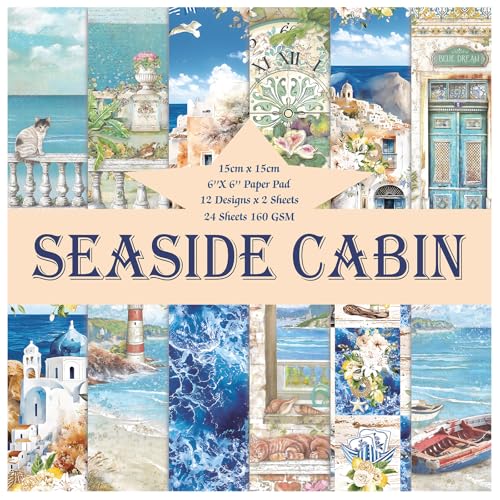 Scrapbook Paper, 24 Sheets 6"×6" 160gsm Single-Sided Patterned Cardstock | Vintage Decopodge Scrapbook Supplies, Junk Journal Decorative Crafts DIY Album Card Making Art Journaling.Seaside Cabin - color: 24 sheets-seaside cabin