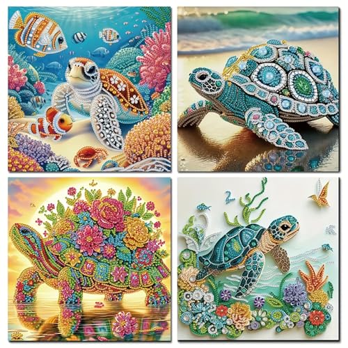 KUFWKEY 4 Pack Sea Turtle Diamond Art Kits for Adults,5d Diamond Painting Kits for Beginner,Crystal Rhinestones DIY Handicrafts,Diamond Mosaic Gem Art,Special Shape Diamond Art,11.81X11.81 inchs - color: turtle