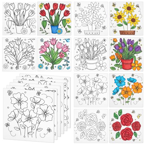6Pcs Pre Drawn Canvas to Paint for Adults, 6x6 in Floral Art Boards | Botanical Stretched Canvas Set for Adult Ladies Night Wine and Paint Party Supplies Beginner Stress Relief Gift