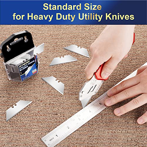 Utility Knife Blades, 50 Pack Heavy Duty Box Cutter, SK5 Blades | High-carbon steel cuts cardboard, leather and roofing, utility blades fit standard knives, with razor blades stored safely - size: 50 Pack