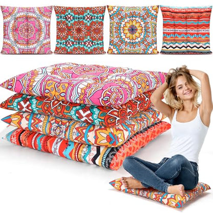 Nuogo 4 Pack Large 22 Inch Bohemian Floor Pillows Square Boho Floor Cushions Seating Pillows for Soft Yoga Meditation Pillow Mandala Pouf for Living Room Tatami Reading Nook(Exquisite)