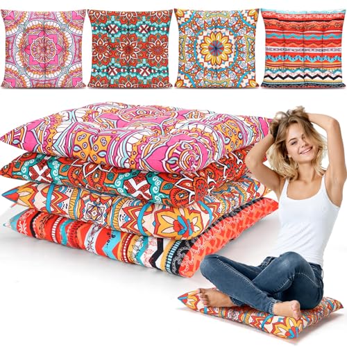 Nuogo 4 Pack Large 22 Inch Bohemian Floor Pillows Square Boho Floor Cushions Seating Pillows for Soft Yoga Meditation Pillow Mandala Pouf for Living Room Tatami Reading Nook(Exquisite)