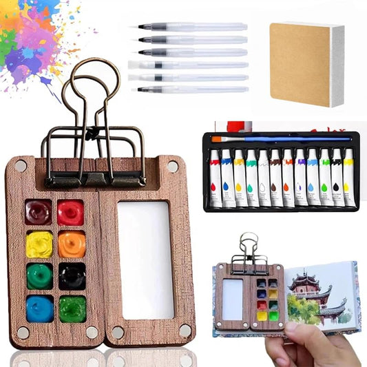 Mini Watercolor Paint set, Portable Watercolor Paint Travel Set, mini watercolor kit with Colours, Book,Binder Clips,Pens,Wooden Paint Box,Paintbrush,Fountain pen for Painters Artists Student