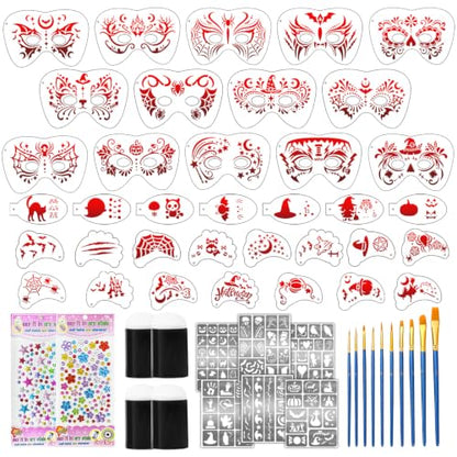 58 PCS Halloween Face Paint Stencils for Kids and Adults, 36 Reusable Facial Painting Templates, 6 Sticky Tattoo Stencils, 10 Brushes, 2 Gem Stickers, 4 Finger Sponges for Halloween Party Makeup - color: red