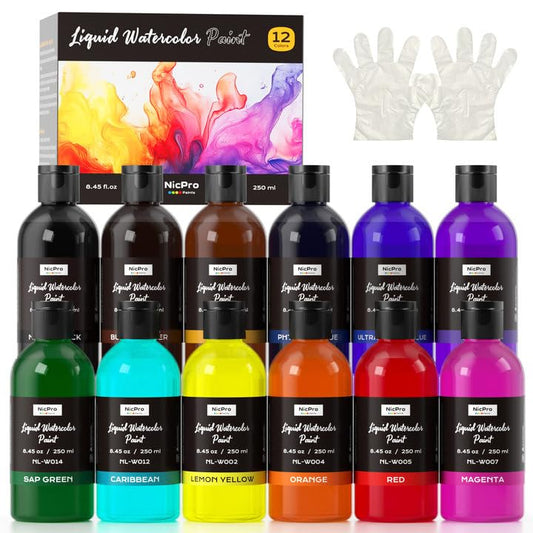 Nicpro 12 Colors Liquid Watercolor Paint Set, 8.45oz Large Bulk Water Color | Non-Toxic Liquid Watercolor Paint, Painting Supplies for Art Activity, Craft DIY, Poster, School, Home, Classroom, Party - color: 12 Colors, size: 8.45 Fl Oz (Pack of 12)