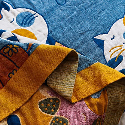 MEJU Kitty Cat Kids Child Girls Muslin Blanket Throw Reversible Cover for Bed Sofa Couch, 100% Combed Cotton 4 Layer Soft Warm Cartoon Throw Blanket Bed Cover Quilt Sheet Cats Blue F/Q 80 in x 90 in - color: Cats Blue, size: F/Q 80 in x 90 in