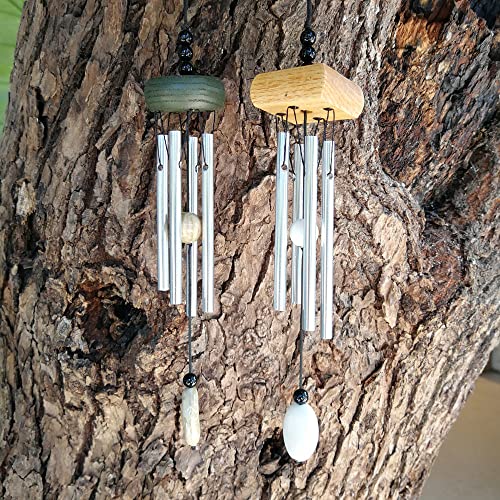 2 Pack Small Silver Wind Chime with Ceramic Blank Drops, 10 Inch Metal Garden Wind Chimes with 4 Different Len Bell Tubes, Soothing Harmony Sound Mini Outdoor Windcatcher Porches Décor