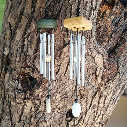 2 Pack Small Silver Wind Chime with Ceramic Blank Drops, 10 Inch Metal Garden Wind Chimes with 4 Different Len Bell Tubes, Soothing Harmony Sound Mini Outdoor Windcatcher Porches Décor