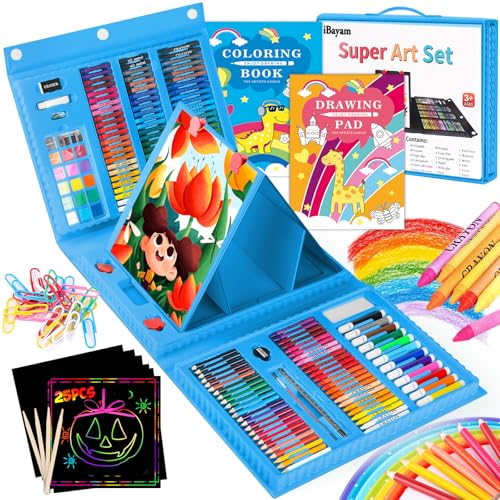 iBayam Art Kit, 251-Pack Art Supplies Drawing Kits, Arts & Crafts Gifts Box | Kids Teen Girls Boys, Art Set Case with Trifold Easel, Scratch Paper, Sketch Pad, Coloring Book, Crayons, Pencils, Watercolor - color: Blue