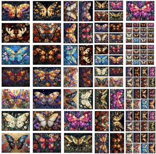 Decoupage Paper Pack (35 Sheets 6"x8") Stained Glass Butterflies ~ Intricate Butterflies in Glowing Stained Glass Style Surrounded by Wildflowers and Foliage, Blending Mosaic Beauty Botanical Charm - color: Two