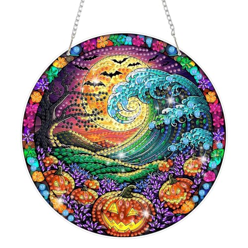 MAXBYE Moon Pumpkin Patch Diamond Art Kits for Adults Hanging Ornament, DIY Special Crystal Diamond Painting kit, Double Sided Painting Kits for Beginners Wall Home Decoration 8×8 Inch, Halloween - color: XSL065