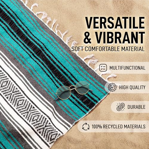 Authentic Extra Large Mexican Blanket - 70"x50" Handwoven Yoga, Serape, Artisanal Falsa, Beach, Camping, Picnic, Outdoor Blanket (Emerald) - color: Emerald