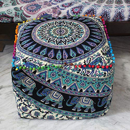 Green Deer Elephant Mandala Floor Pillow Cover 18x18x14 Inch Handmade Cotton Meditation Cushion Cover Square Ottoman Pouf Cover Bohemian Floor Seating Pillow for Living Room Bedroom Decor (Cover Only)