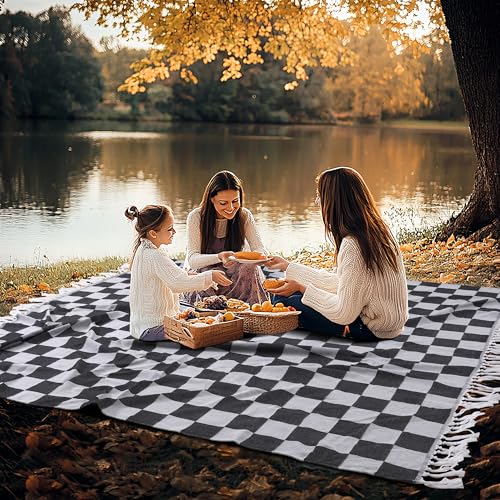 Extra Large Turkish Beach Towel Picnic Mat Throw Blanket Oversized Sandproof Boho Woven Summer Essential Yoga Accessories Park Patio Lawn Garden Grass Ground Play Music Festival Concert Must Have - color: Checked Black, size: Giant Large 82'' x 90''