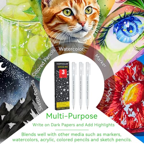 MARTCOLOR White Gel Pens, 3 Pack, 0.5mm, 0.8mm, 1.0mm White Gel Ink Pens | Opaque Archival Ink Pen for Black Paper Drawing, Art Highlight, Illustration, Bullet Journaling, Card Making & DIY Projects - style: White - 0.5+0.8+1.0mm