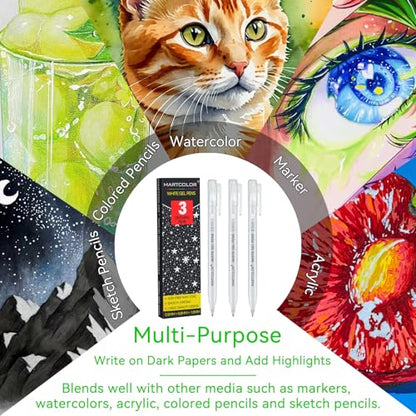 MARTCOLOR White Gel Pens, 3 Pack, 0.5mm, 0.8mm, 1.0mm White Gel Ink Pens | Opaque Archival Ink Pen for Black Paper Drawing, Art Highlight, Illustration, Bullet Journaling, Card Making & DIY Projects - style: White - 0.5+0.8+1.0mm