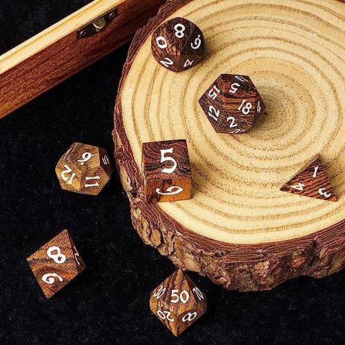 Wood DND Dice Set 7PCS Brown Wooden Dice Set for D&D Tabletop Games - color: Brown Black Striped