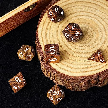 Wood DND Dice Set 7PCS Brown Wooden Dice Set for D&D Tabletop Games - color: Brown Black Striped
