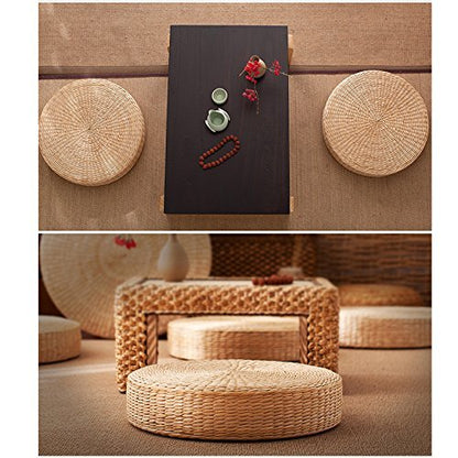 HUAWELL 2 Pieces Japanese Tatami Floor Pillow Set Zafu Natural Seat Furniture Set Meditation Floor Mat Cushion Multi-Functional Handmade Breathable Circle Beige - size: 23.6*23.6*3.94 Inch