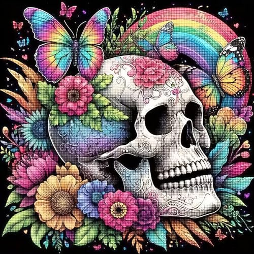 Diamond Art Kits for Adults,Skull Rainbow Flower 5D Diamond Painting | Dots for Adults,5D DIY Paint By Diamonds,Full Drill Round Diamond Dot Gem Art Painting, Home Wall Art Decor,13.8X13.8 inch - color: KM866-1