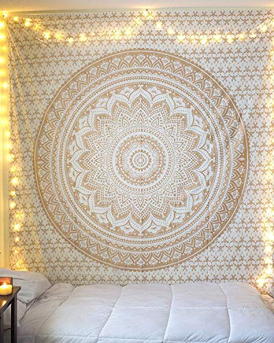Popular Handicrafts Th566 Twin Original Gold Ombre Tapestry Indian Mandala Wall Art, Hippie Tapestry Wall Hangings, Bohemian Bedspread with Metallic Shine (215x140) cms - color: Gold, size: 82"L x 54"W