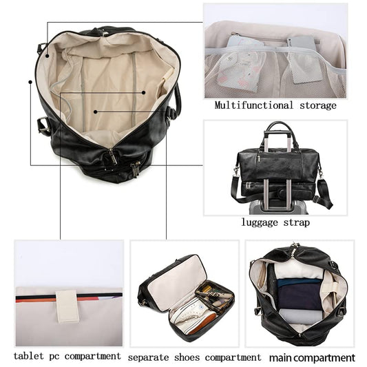 Kinmac Travel Duffel Bag,Sports Gym Yoga Duffel Bag Weekender Overnight Totes Bag (Black PU) - color: Black PU