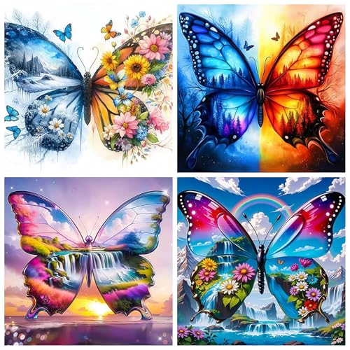 4 Pack 5D Butterfly Diamond Art kits for Adults Beginners 11.8x11.8 Inch | Four Seasons Landscape Diamond Painting Kit, DIY Full Round Drill Paint by Diamonds Dot Gem Art for Adult, Home Wall Decor - color: KM1181+KM1182+KM1183+KM1184-1