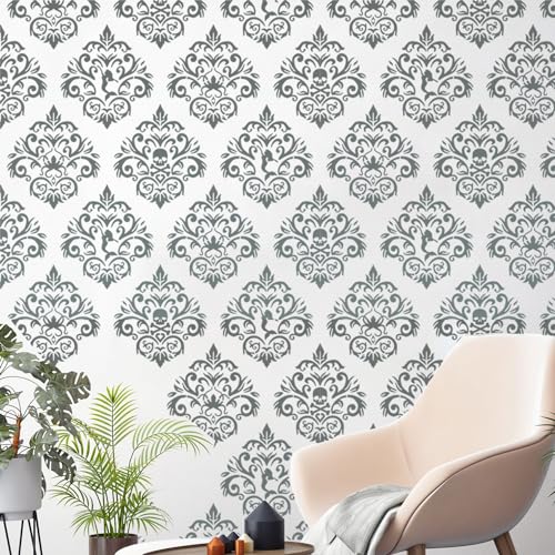 Damask Stencils for Walls Stencils for Painting Large Pattern 12inch | Damask Stencil Texture Mixed Medium Layering Templates for Painting on Wood Furniture Canvas Paper Fabric - style: Damask