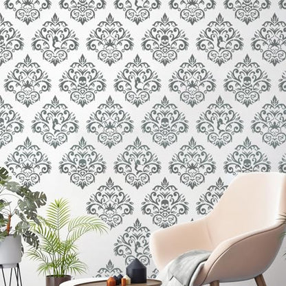 Damask Stencils for Walls Stencils for Painting Large Pattern 12inch | Damask Stencil Texture Mixed Medium Layering Templates for Painting on Wood Furniture Canvas Paper Fabric - style: Damask