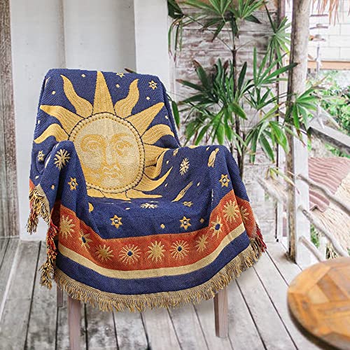 Hippie Throw Blanket Sun Moon Stars Boho Throw Blankets Celestial Tapestry Double-Sided Reversible Woven Cotton Home Decor Bedding Chair Couch Recliner Cover Oversized Tassels Astrology 50"x70" - color: Sun God, size: 50x70 inch