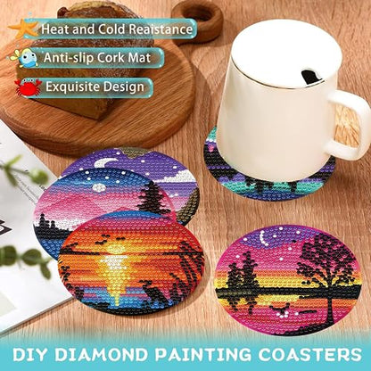 8 Pcs Diamond Art Coasters Kits with Holder, Landscape DIY Diamond Paintings Coaster Kits,Scenery Full Drill Rhinestone Painting Kits for Adults Beginners Art Craft Supplie for Tabletop Protection.