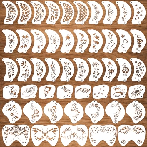 50 Pcs Face Paint Stencils Set – Reusable Body & Face Painting Templates for Kids & Adults – Makeup Stencils for Halloween, Parties, Carnival, Temporary Tattoo Art