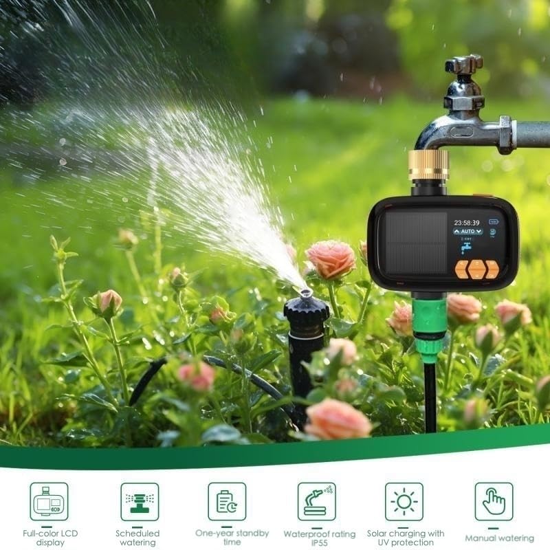 VIDAGARVIS Solar Watering Timer with LCD Display Type-C Charging Manual Mode and 10 Automatic Schedules IP55 Waterproof Outdoor Use