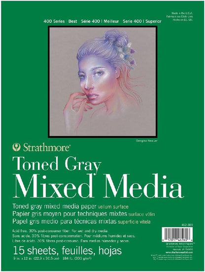 Strathmore 400 Series Toned Mixed Media Pad, 184 lb. Paper, 9 X 12 inches, Gray, 15 Sheets (462-309) (Pack of 12) - color: Toned Gray, size: 9 x 12 inches (Pack of 12)