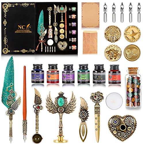 NC Quill Pen and Ink Set, Feather Calligraphy Pen Set, Wax Seal Stamp Set, Valentine's Day Gift for Writing Lovers, Various Holiday Ideal Gift (Green) - color: Green
