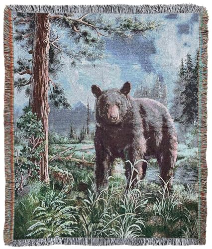 Bear Lodge Jacquard Woven Tapestry Throw Blanket 50"x60" | Rustic lodge wall hanging art soft travel mat fringe tassels multipurpose indoor outdoor Décor for Couch Sofa Bed Living Room - color: Bear