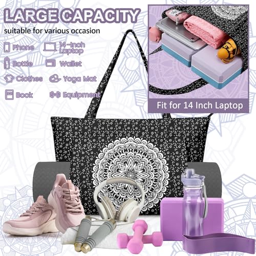 Yoga Bag for Women, Large Canvas Yoga Mat Tote Bag with Yoga Mat Carrier | Large Mat Pocket Fitness Tote for Pilates, Gym, Travel, Office & Beach - color: Black Flower Mandala