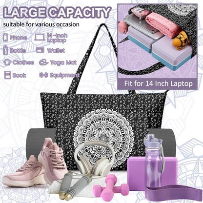 Yoga Bag for Women, Large Canvas Yoga Mat Tote Bag with Yoga Mat Carrier | Large Mat Pocket Fitness Tote for Pilates, Gym, Travel, Office & Beach - color: Black Flower Mandala
