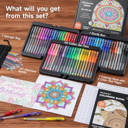 Shuttle Art Gel Pens, 120 Pack Gel Pen Set Packed in Sturdy Box, 60 Unique Colors with 60 Refills for Adults Coloring Books Drawing Doodling Crafts Scrapbooking Journaling - color: 60 Colors with 60 Refills, style: Box