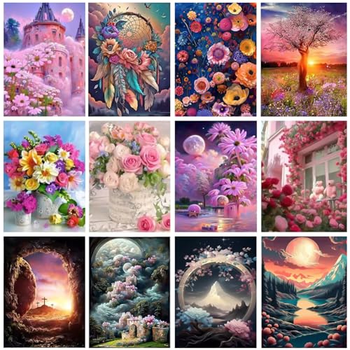 Ellunyo 12 Pack Diamond Painting Kits for Adults,Landscape Diamond Painting Kits, 5D Diamond Painting Kits for Adults, Full Drill Craft Kits 12x16 inch,Cute Painting