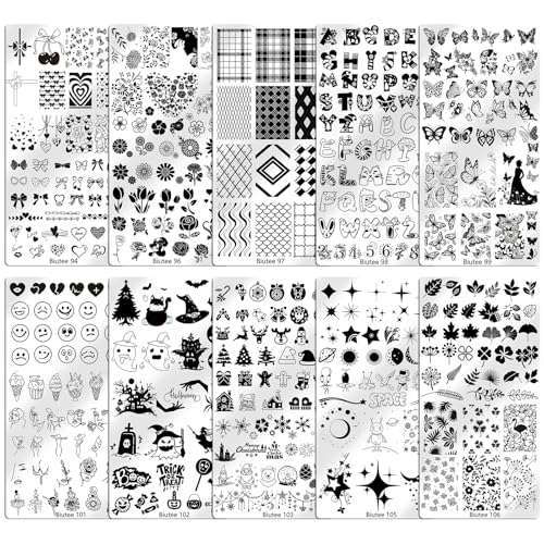 Biutee 10 PCS Nail Art Stamping Plates Set Nail Stamping Kit | Nail Stamp Plate Butterfly Starry Sky Flower Bowknot Design Nail Stamper Kit with Nail Stamper Scraper and Storage Bag - color: 14 Piece Set